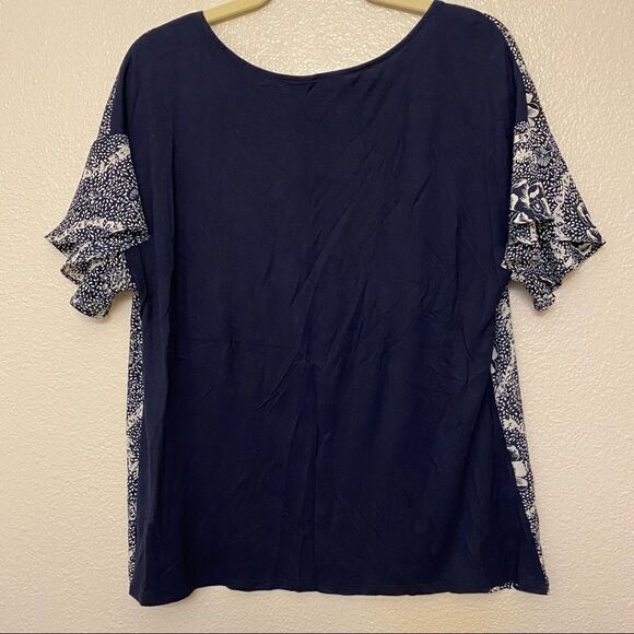 LOFT navy white print floral crew neck ruffle short sleeve top blouse cheap L - Picture 8 of 10